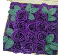 J-Rijzen Artificial Flowers 25PCS Real Looking Dark Purple Fake Roses with Stem for DIY Wedding Bouquets Centerpieces Baby Shower Party Home Decorations