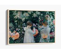 J Singer Sargent, Carnation Lily Lily Rose Canvas Floater Frame Print Picture Art - Light Oak Frame 12 inch wide x 8 inch high