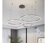 J.SUNUN Led Ceiling Lighting Modern 3 Rings Pendant Light 75W 6000LM Distributed Installation Dimmable with Remote Control Round Metal LED Chandelier for Living Room Bedrooms Office Brown 40+60+80CM