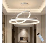 J.SUNUN Modern LED Ceiling Light Dimmable, Adjustable Circular+Oval 2-Ring Pendant Chandelier, Contemporary Hanging Light for Living Room Bedroom Dining Area(White,80CM 80W)
