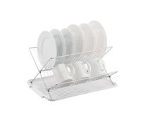 J&V TEXTILES Foldable Dish Drying Rack with Drainboard, Stainless Steel 2 Tier Dish Drainer Rack, Collapsible Dish Drainer, Folding Dish Rack for Kitchen Sink, Countertop, Cutlery, Plates (White)