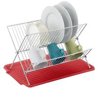 J&V TEXTILES Foldable Dish Drying Rack with Drainboard, Stainless Steel 2 Tier Drainer, Collapsible Folding Rack for Kitchen Sink, Countertop, Cutlery, Plates (Red)