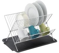 J&V TEXTILES Foldable Dish Drying Rack with Drainboard, Stainless Steel 2 Tier Drainer Rack, Collapsible Folding Rack for Kitchen Sink, Countertop, Cutlery, Plates (Black)