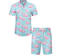 J.VER Hawaiian Shirt and Shorts Set Mens Light Blue Flamingo Casual Funky Summer Beach Tropical Floral Aloha Party Shirts Outfit S