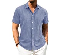 J.VER Linen Shirts Men Blue Short Sleeve Beach Holiday Smart Casual Summer Cotton Button Down Shirt S