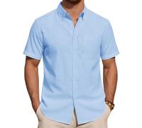 J.VER Linen Shirts Men Blue Summer Short Sleeve Regular Fit Smart Casual Lightweight Holiday Beach Button Down Shirt M