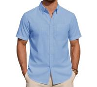 J.VER Linen Shirts Men Grey Blue Summer Short Sleeve Regular Fit Smart Casual Lightweight Beach Holiday Button Down Shirt 2XL