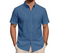 J.VER Linen Shirts Men Mist Blue Summer Short Sleeve Regular Fit Smart Casual Lightweight Holiday Beach Button Down Shirt L