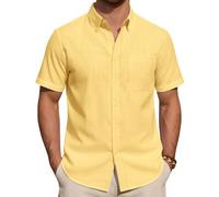 J.VER Linen Shirts Short Sleeve Men Light Yellow Summer Smart Casual Regular Fit Lightweight Holiday Beach Button Down Shirt 3XL