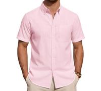 J.VER Linen Shirts Short Sleeve Men Pink Summer Smart Casual Regular Fit Lightweight Holiday Beach Button Down Shirt XL