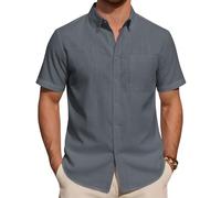 J.VER Men Linen Shirts Short Sleeve Charcoal Grey Regular Fit Smart Casual Lightweight Summer Beach Holiday Button Down Shirt L