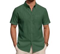 J.VER Men Short Sleeve Linen Shirts Dark Green Summer Short Sleeve Regular Fit Smart Casual Lightweight Holiday Beach Button Down Shirt XL