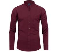 J.VER Men's Banded Collar Dress Shirt Mandarin Long Sleeve Button Down Shirts Stretch Collarless Tops with Pocket, Burgundy, Large