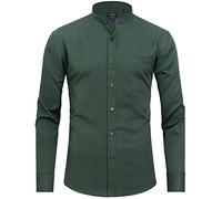 J.VER Mens Banded Collar Dress Shirts Long Sleeve Button Down Mandarin Collar Shirt Solid Stretch Shirt with Pocket, Dark Green, Large