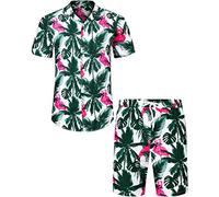 J.VER Mens Beach Hawaiian Shirt and Shorts Set Regular Fit Funky Flamingo Short Sleeve Holiday Shirt and Shorts Set Flower Button Down Summer Floral Party White S