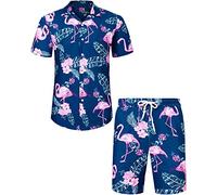 J.VER Mens Beach Hawaiian Shirt and Shorts Set Regular Fit Funky Flamingo Short Sleeve Holiday Shirt and Shorts Set Flower Button Down Summer Floral Party Blue 3XL