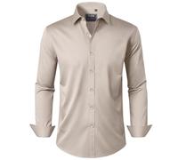 J.VER Men's Dress Shirts Solid Long Sleeve Stretch Wrinkle-Free Formal Shirt Business Casual Button Down Shirts, Tan, 3XL