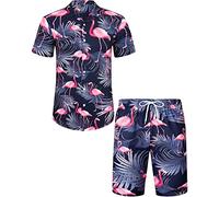 J.VER Mens Hawaiian Blue Shirt and Shorts Set Casual Funky Beach Summer Flower Flamingo Shirt Suit Regular Fit Aloha Party Outfit XL