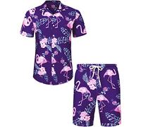 J.VER Mens Hawaiian Shirt and Shorts Set Regular Fit Funky Flamingo Beach Short Sleeve Holiday Shirt and Shorts Set Flower Button Down Summer Floral Party Purple XXL