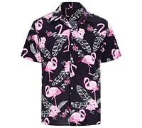 J.VER Mens Hawaiian Shirts Short Sleeve Shirts Men Summer Beach Holiday Party Fashion Casual Aloha Tropical Flower Ugly Button Down Tops Black Pink Flamingo L