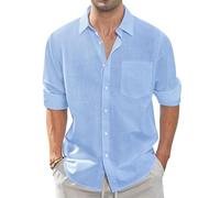 J.VER Men's Linen Cotton Shirts Long Sleeve Regular Fit Casual Solid Lightweight Summer Beach Shirt with Pocket Blue 2XL