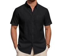 J.VER Mens Linen Shirts Short Sleeve Black Summer Regular Fit Smart Casual Lightweight Holiday Beach Button Down Shirt L