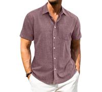 J.VER Mens Linen Shirts Short Sleeve Dark Red Summer Fashion Beach Holiday Regular Fit Casual Button Down Shirt 3XL