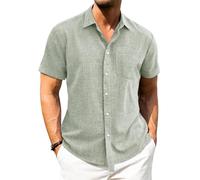 J.VER Mens Linen Shirts Short Sleeve Green Summer Beach Holiday Regular Fit Casual Button Down Shirt 4XL