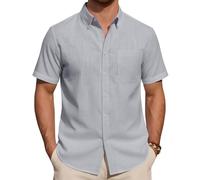 J.VER Mens Linen Shirts Short Sleeve Grey Regular Fit Summer Smart Casual Lightweight Holiday Beach Button Down Shirt M