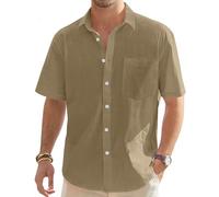 J.VER Men's Linen Short Sleeve Shirts Cotton Casual Lightweight Button Down Shirt Beach Vacation Summer Tops with Pocket, Dark Khaki, XL