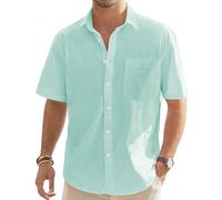 J.VER Men's Linen Short Sleeve Shirts Cotton Casual Lightweight Button Down Shirt Beach Vacation Summer Tops with Pocket, Mint Green, Large