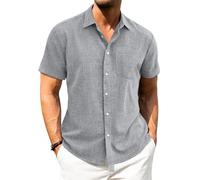 J.VER Mens Linen Summer Shirt Short Sleeve Grey Regular Fit Beach Holiday Casual Button Down Shirt Adult L