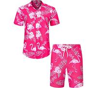 J.VER Mens Pink Beach Hawaiian Shirt and Shorts Set Regular Fit Funky Flamingo Holiday Shirt and Shorts Set Flower Button Down Summer Floral Party L