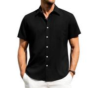 J.VER Mens Shirt Linen Short Sleeve Summer Fashion Beach Holiday Regular Fit Casual Button Down Shirt Black L