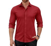 J.VER Mens Shirt Long Sleeve Red Business Casual 4-Way Stretch Regular FitFormal Fashion Button Down Shirts L