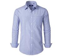 J.VER Mens Shirts Checked Long Sleeve Regular Fit Blue Grey Gingham Plaid Oktoberfest Business Smart Casual Dress Shirt 3XL