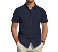 J.VER Mens Shirts Short Sleeve Dress Shirt Stain Shield Regular Fit Summer Business Work Office Casual Smart Wedding Party Iron Free Shirts Navy Blue XL