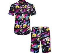 J.VER Mens Short Sleeve Hawaiian Shirt and Shorts Set Regular Fit Funky Flamingo Beach Holiday Shirt and Shorts Set Flower Button Down Summer Floral Party Colorful Black XL