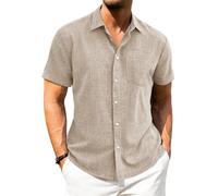 J.VER Mens Short Sleeve Linen Shirts Champagne Regular Fit Summer Beach Holiday Casual Button Down Shirt M