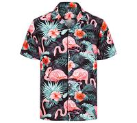 J.VER Mens Summer Shirts Hawaiian Short Sleeve Beach Holiday Party Fashion Regular Fit Casual Aloha Funky Flower Printed Vacation Tops Black Leaf Flamingo XL