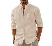 J.VER Shirts for Men UK Grandad Collar Long Sleeve Cotton Linen Summer Casual Beach Collarless Khaki Shirt XXL