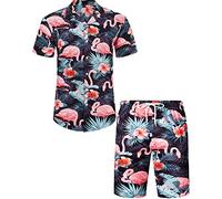 J.VER Summer Hawaiian Shirts Set Mens Flamingo Floral Casual Funny Funky Holiday Beach Party Shirt and Shorts Outfit Navy Blue 2XL