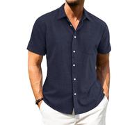 J.VER Summer Shirts for Men Linen Short Sleeve Navy Blue Regular Fit Casual Button Down Beach Holiday Shirt Adult 2XL