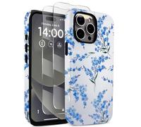 J.west for iPhone 14 Pro Max Case 6.7" with 2 Pack Tempered Glass Screen Protectors Cute Floral Flowers Hybrid Cover for Girls Women Aesthetic Protective Phone Cases Blue Blossom