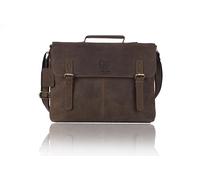 J. Wilson London - Designer Genuine Real Distressed Vintage Hunter Leather 15" Laptop Handmade Unisex Crossover Shoulder Messenger Briefcase Bag (Distress Dark Brown)