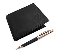 J. Wilson London Mens Designer Genuine Leather Wallet & Ballpoint Pen Gift Boxed Set (Black)