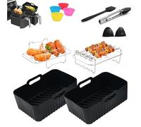 J.ZING Silicone Air Fryer Liners (Pack of 12) Includes Reusable Baskets, Gloves, Skewers, Tongs & More! Compatible with Ninja AF300UK AF400UK AF451UK Tower T17088 & All Dual Basket 7.6L-9.5L.