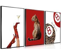 J3Pcs Trendy Leopard Wall Art Preppy Funky Red Boot Martini 8 Ball Wall Decor Pictures Vintage Feminism Aesthetic Cheetah Canvas Poster Prints for Girly Bedroom Apartment Dorm Decoration 12X16Unframed