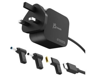 J5create USB-C Charger with 3 Types of DC Connector Compact 67W USB-C GaN charger with three detachable DC connectors, delivering fast, efficient