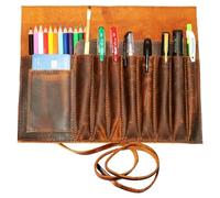 Jaald Genuine Leather Pencil Roll Brush Case Pen Holder Organizer Brushes Ruler Stationary Pouch Gift for Students Artist Painter & Writer String Closure Vintage